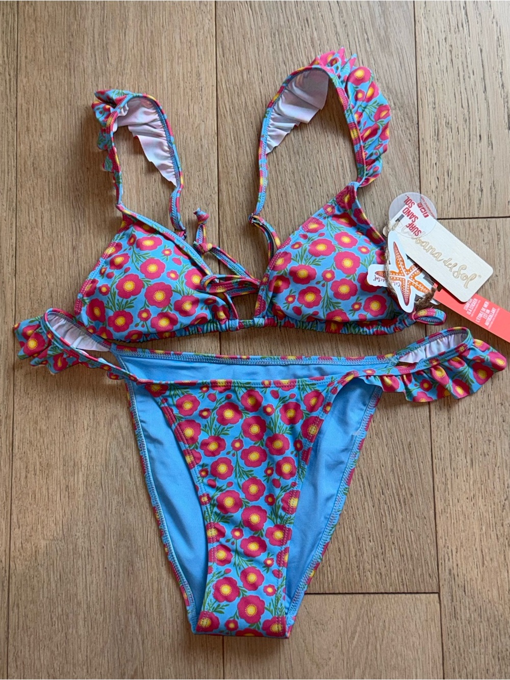 Cabana Life Floral Ruffle Bikini Set Blue Pink Two Piece Swimsuit NWT Vacation